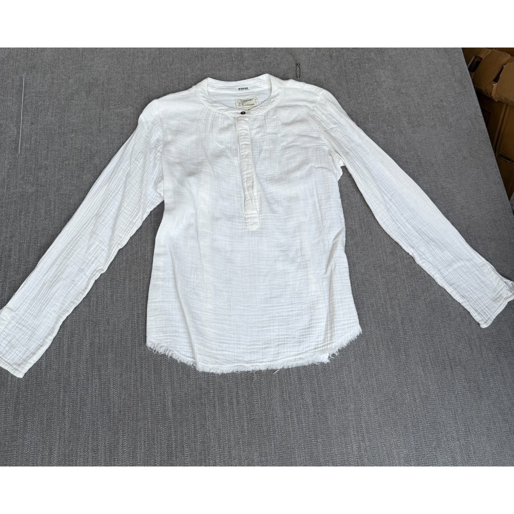 Current/Elliott Henley Top Womens 1 White Gauze Frayed Hem Boho Chic Long Sleeve